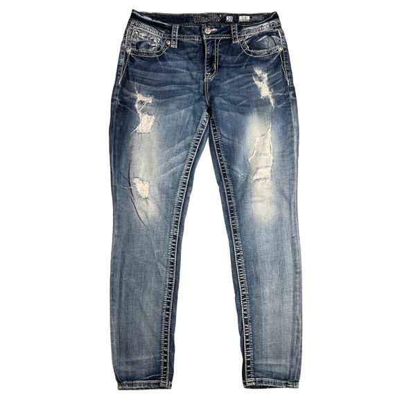 Miss Me 29 Signature Mid-Rise Easy Ankle Skinny Distressed Blue Denim Jeans - Picture 2 of 8